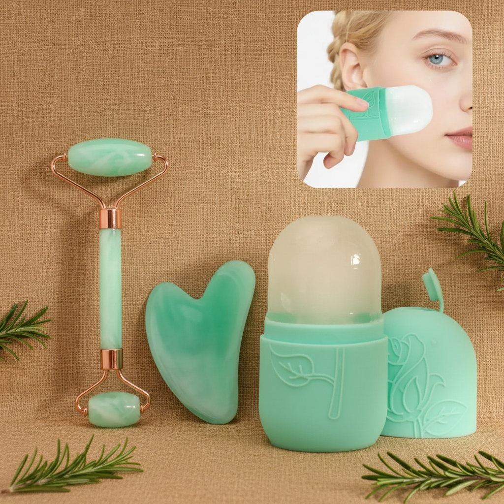 Facial Massage & Scraping Beauty Tool Kit | Face Roller, Massage Stick & Ice Gel Pack