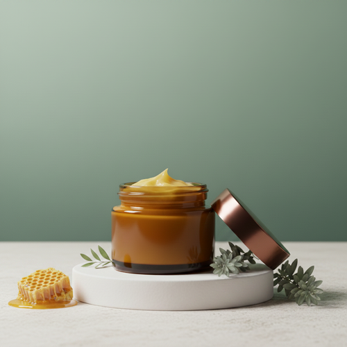 Natural face and body cream with botanical elements and honeycomb