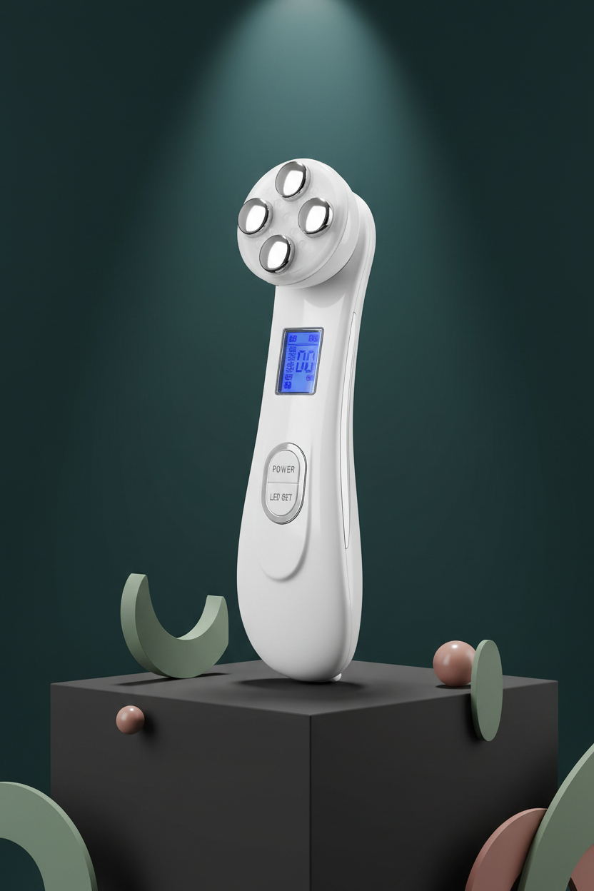 Wilde & Pure AuraLift Pro LED EMS facial rejuvenation device on pedestal