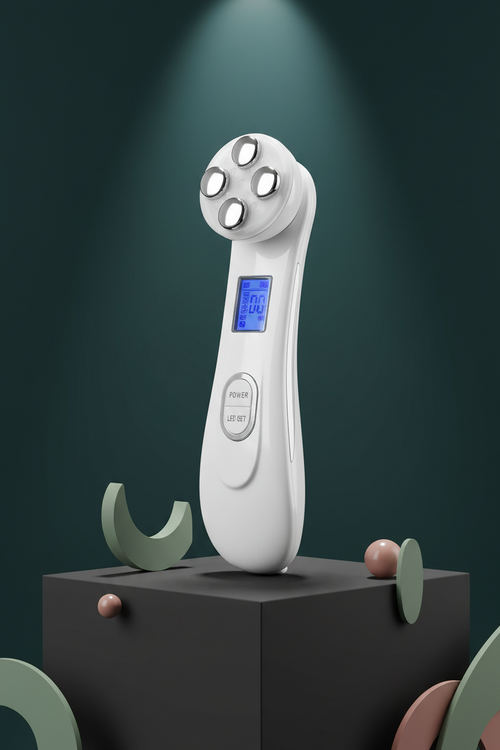 Wilde & Pure AuraLift Pro LED EMS facial rejuvenation device on pedestal