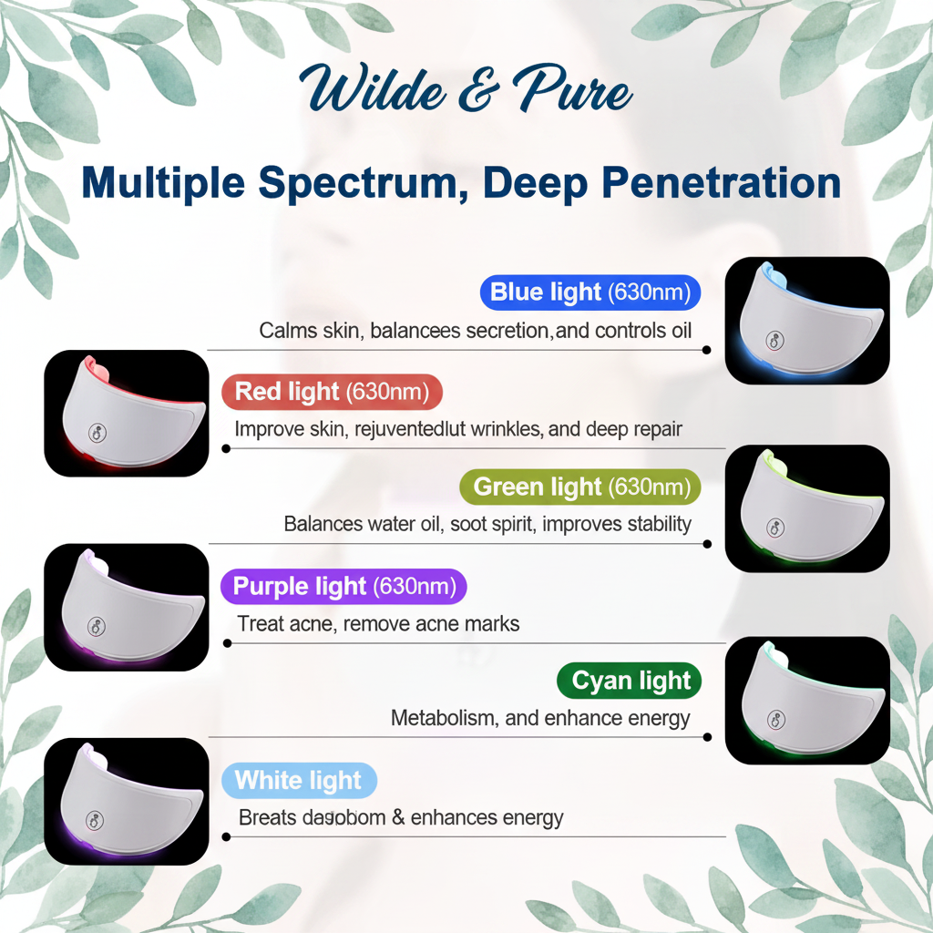 LumiGlow 7 LED light therapy modes - red, blue, yellow, green, purple, cyan, white