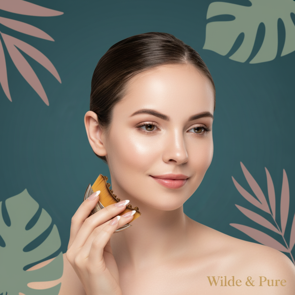 Woman using facial contour brush during skincare routine