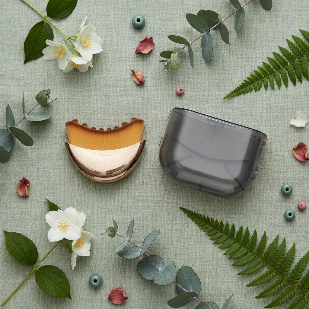 Soft facial brush with botanical styling and storage case