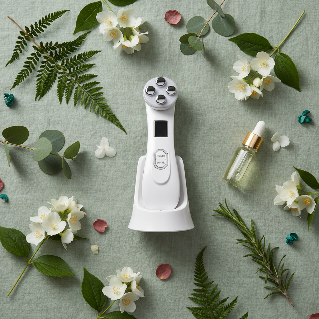 AuraLift Pro facial device botanical flat lay with charging base