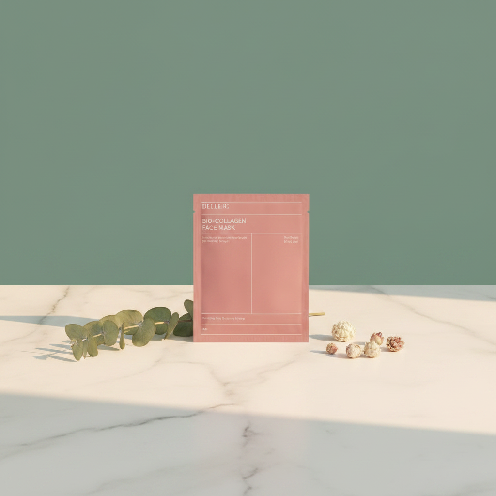 Cooling collagen mask displayed with botanical styling