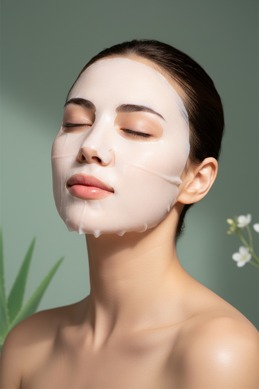 Woman wearing hydrogel collagen face mask