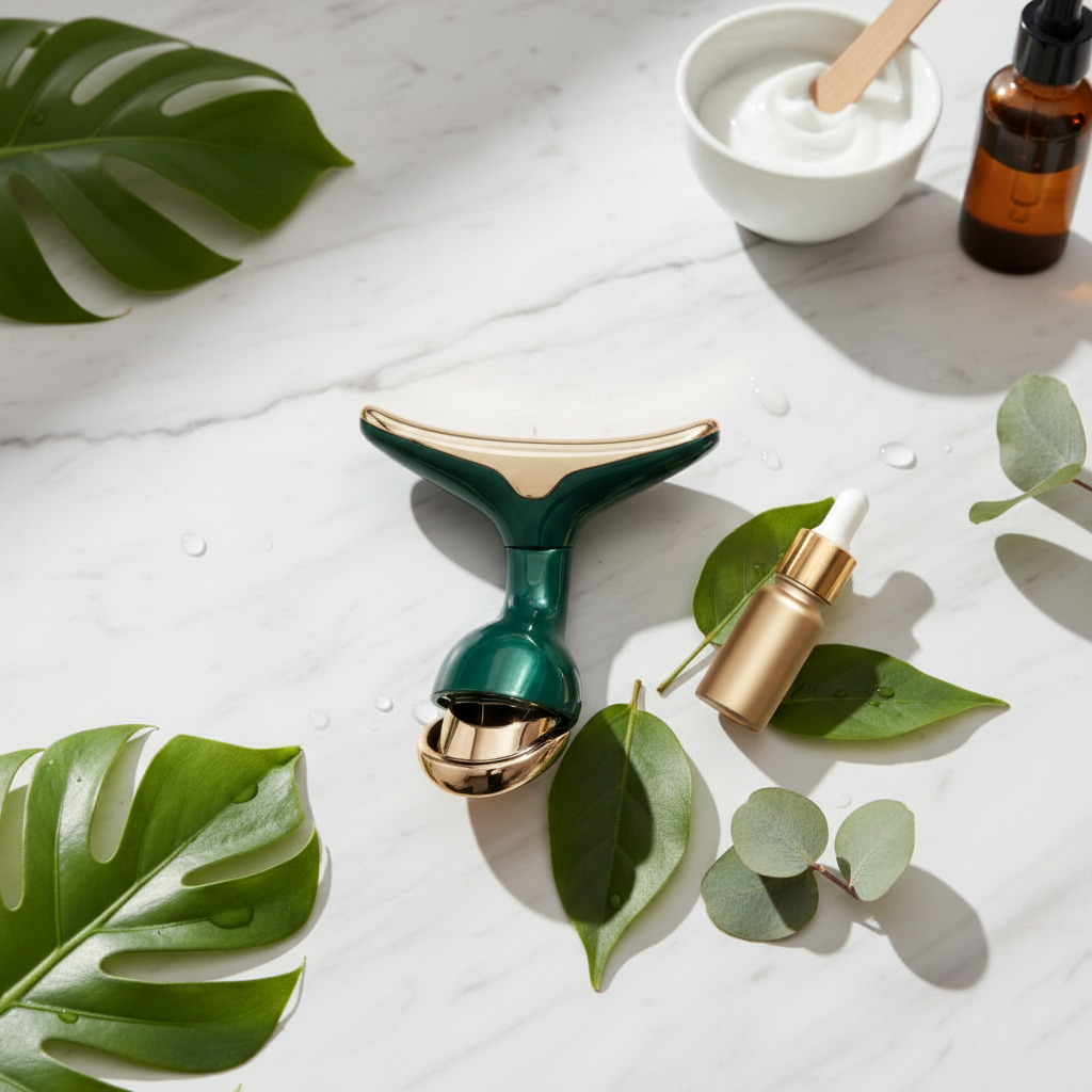 Emerald green facial lifting device benefits infographic