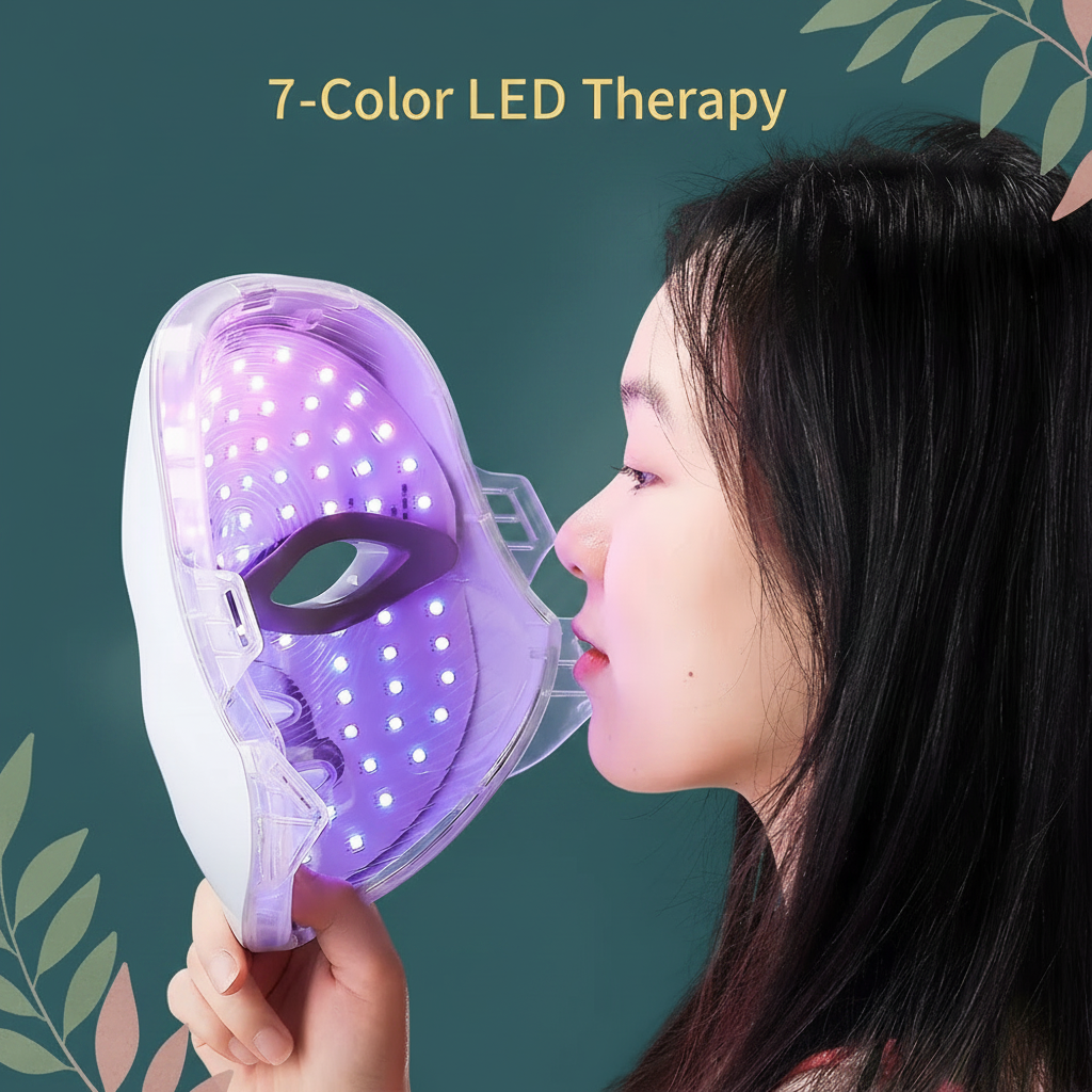 Woman wearing LED light therapy face and neck mask