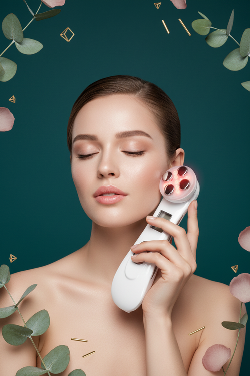 Woman using AuraLift Pro LED facial massager with serum